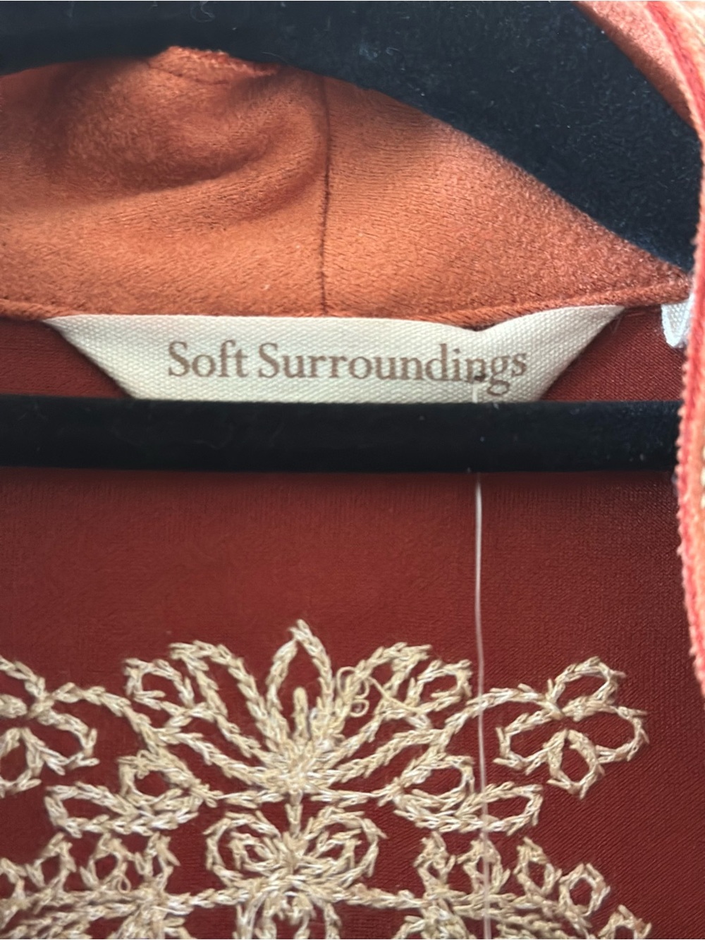 Soft Surroundings orange faux suede boho embroidered duster size L - Picture 6 of 10